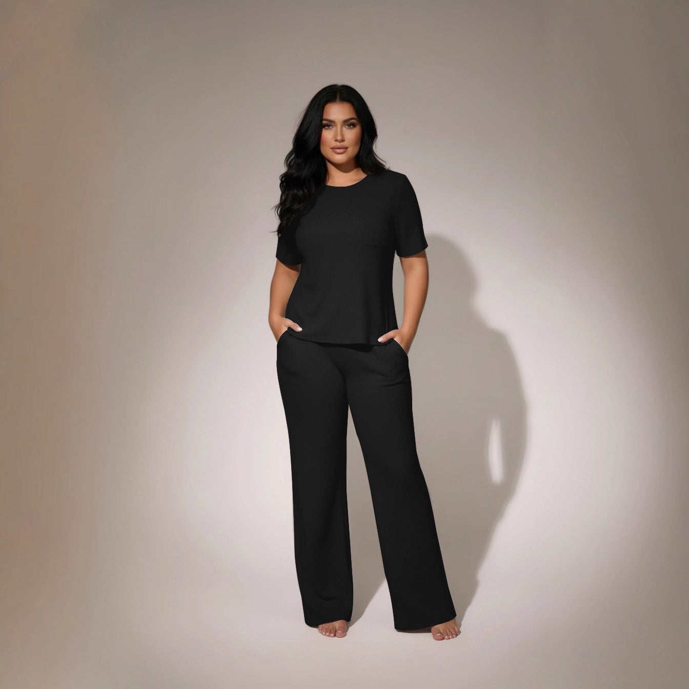 Womens Waffle-Textured Short-Sleeve And Long-Pants Set