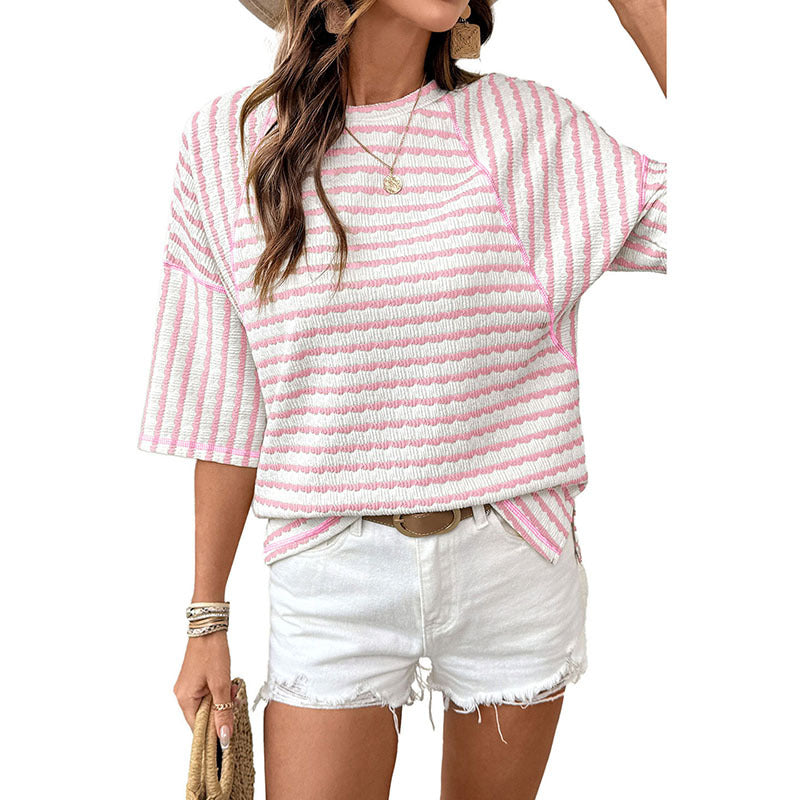 Womens Crew-Neck Pullover T-Shirt Simple, Versatile Striped Half-Sleeve Tee In European And American Style