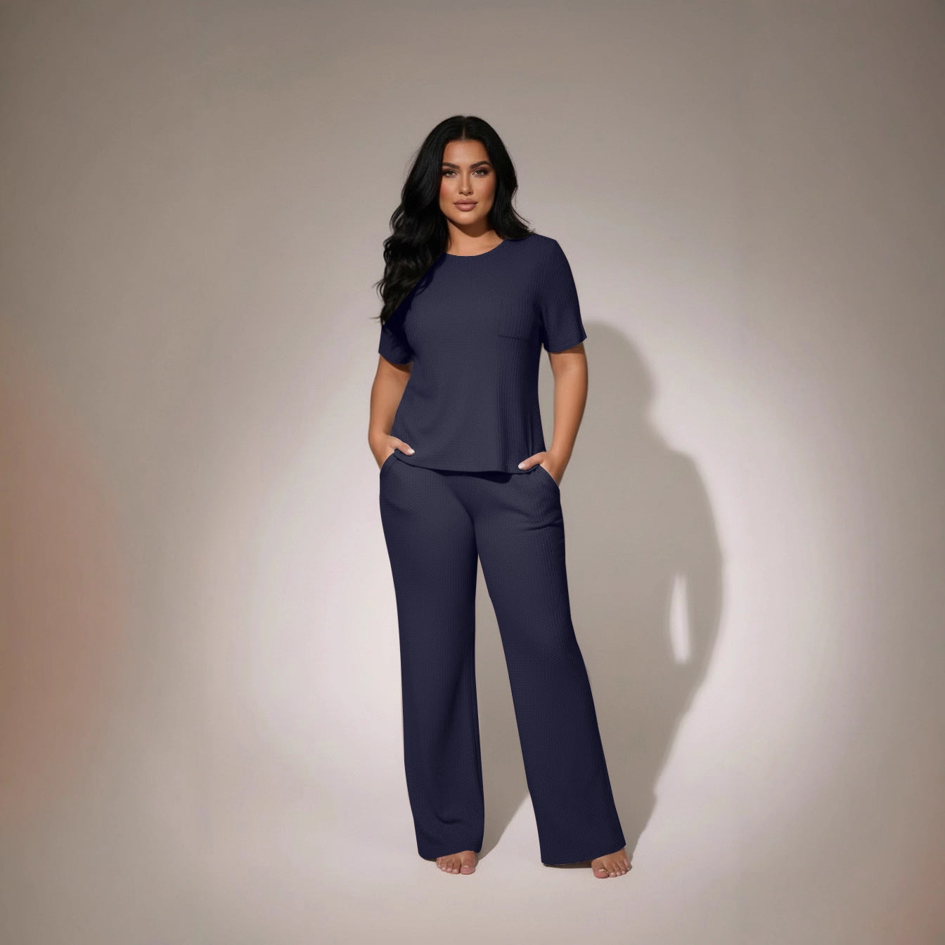 Womens Waffle-Textured Short-Sleeve And Long-Pants Set