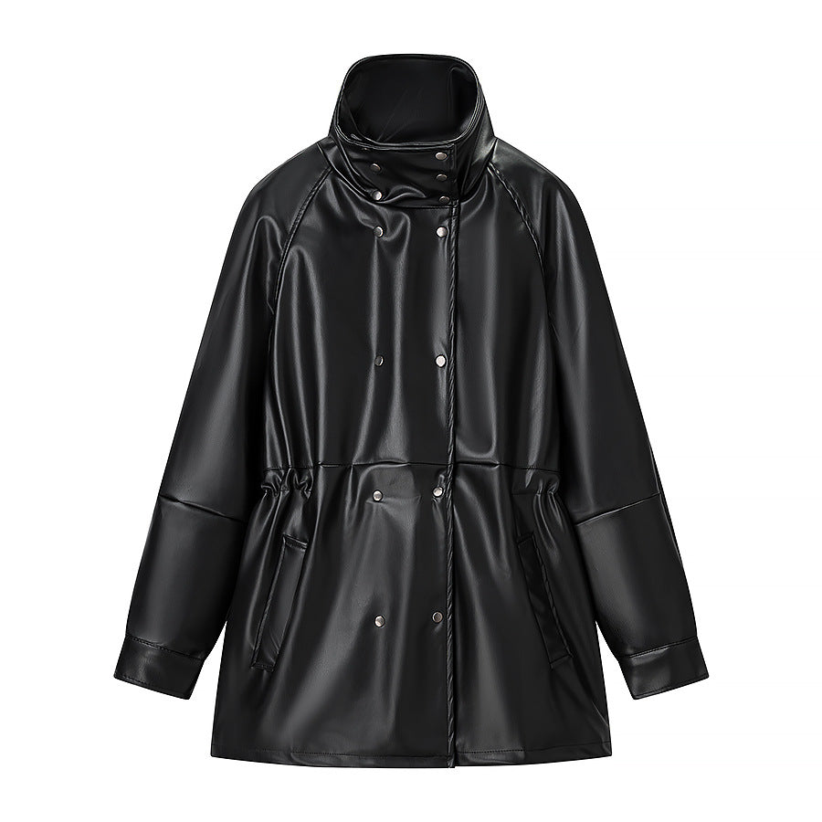 Women's Fashion Black Mid-length Leather Jacket