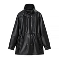 Women's Fashion Black Mid-length Leather Jacket