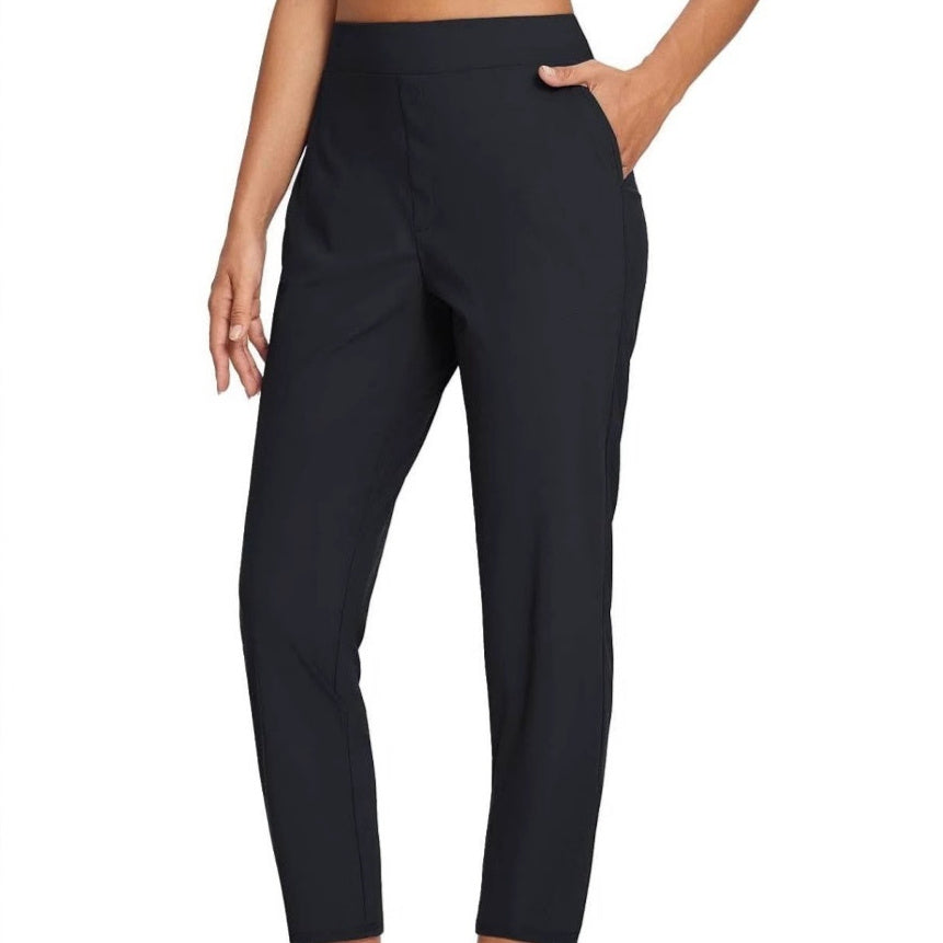 Womens High-Waist Casual Pants With Elastic Waistband Zippered Pockets