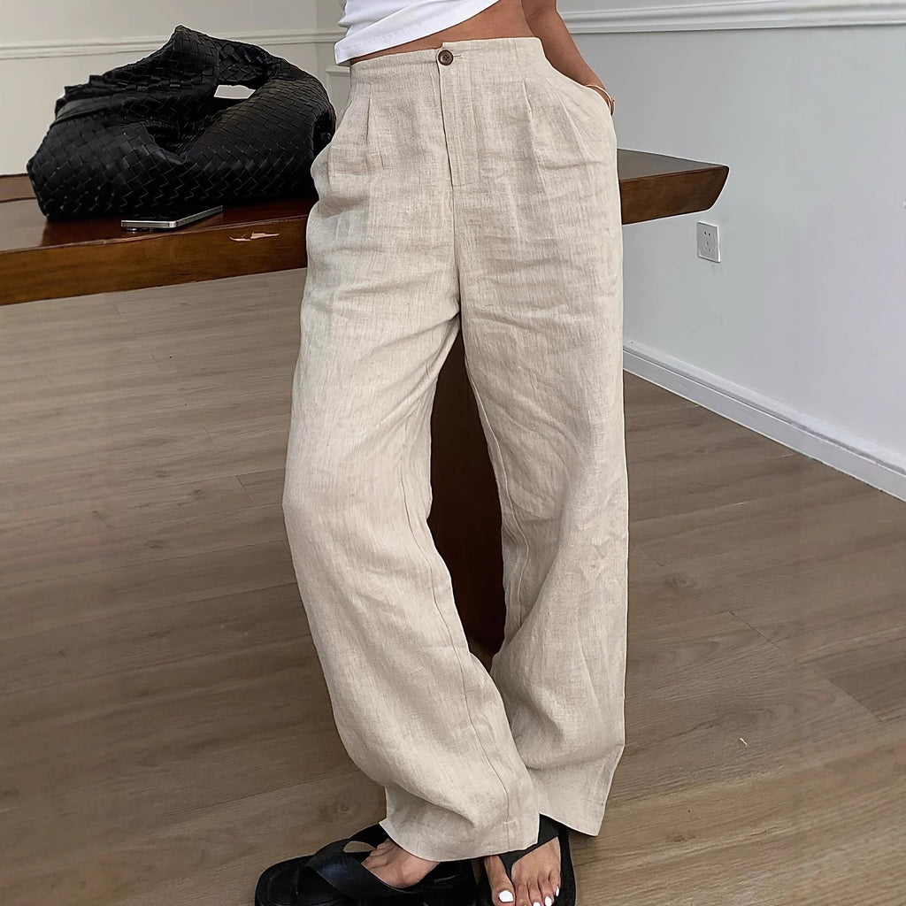 Womens Linen Wide-leg Pants With An Elastic Waist