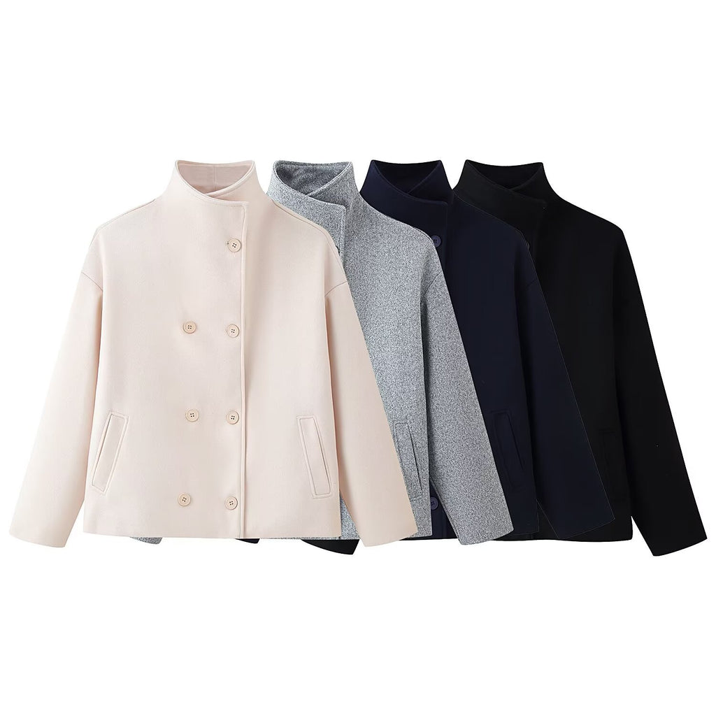 Womens Autumn Fashion Design Short Wool Coat With A Stand Collar And Double-Breasted Buttons