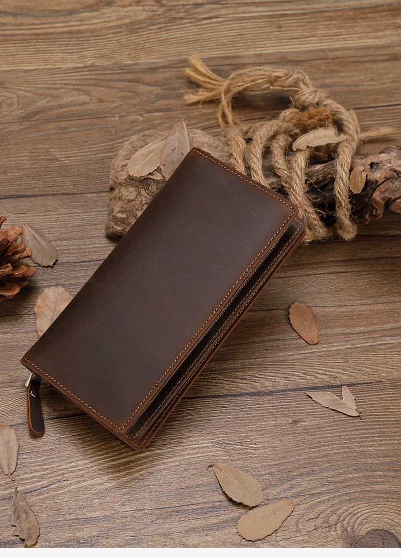 Cowhide Zipper Large Capacity Multiple Card Slots Crazy Horse Leather Long Wallet Men