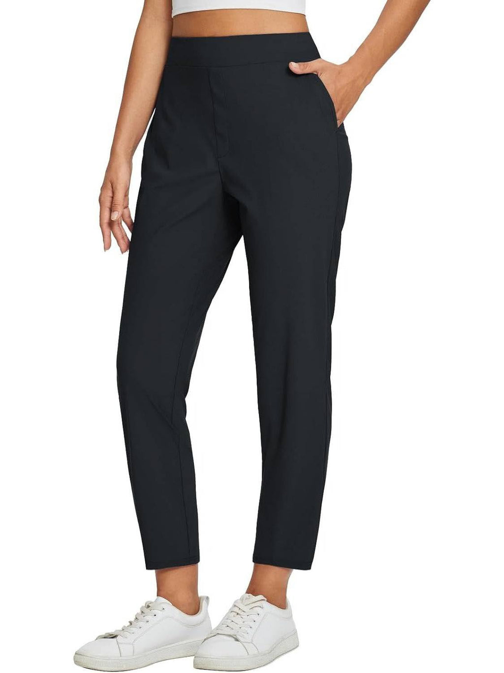 Womens High-Waist Casual Pants With Elastic Waistband Zippered Pockets