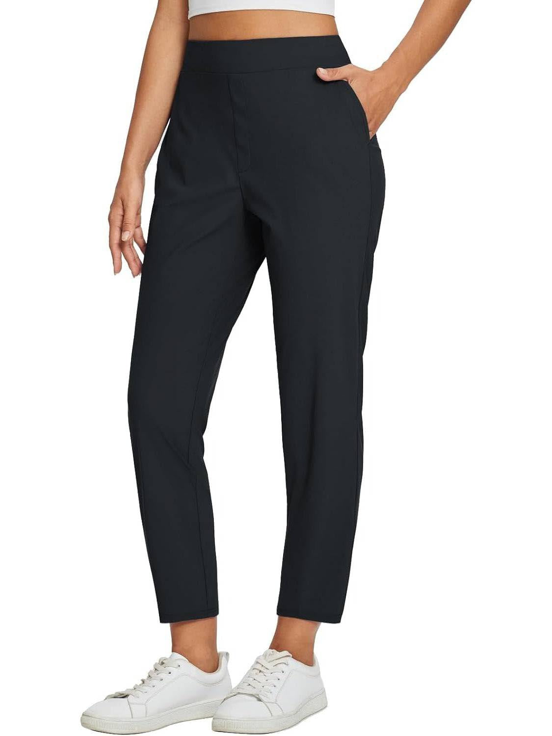 Womens High-Waist Casual Pants With Elastic Waistband Zippered Pockets