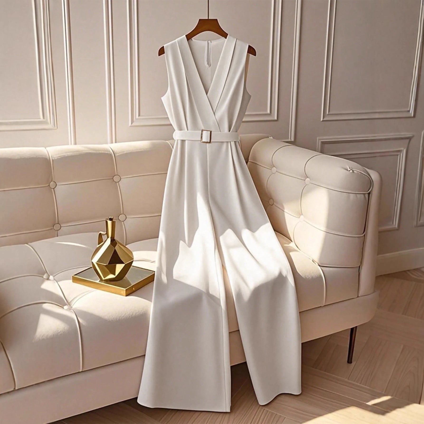 Womens Sophisticated White Sleeveless High-waisted Stylish Jumpsuit