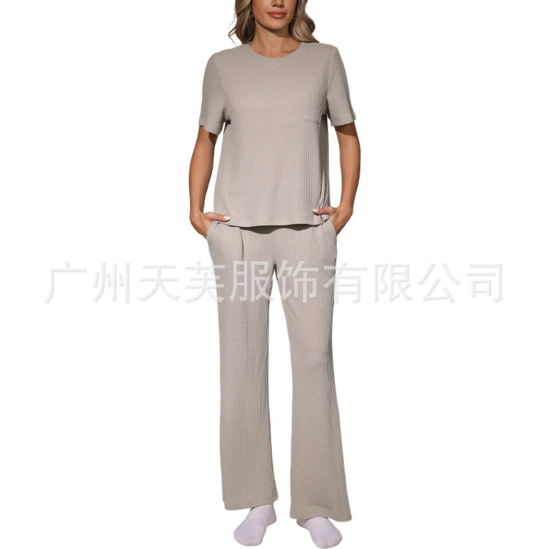 Womens Waffle-Textured Short-Sleeve And Long-Pants Set