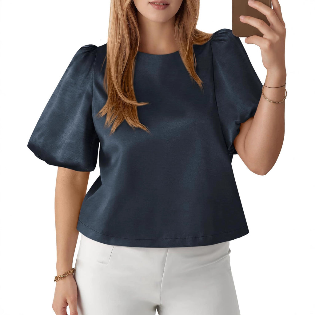 Womens Round-neck Satin Puffed-sleeve Pullover Doll Shirt Top