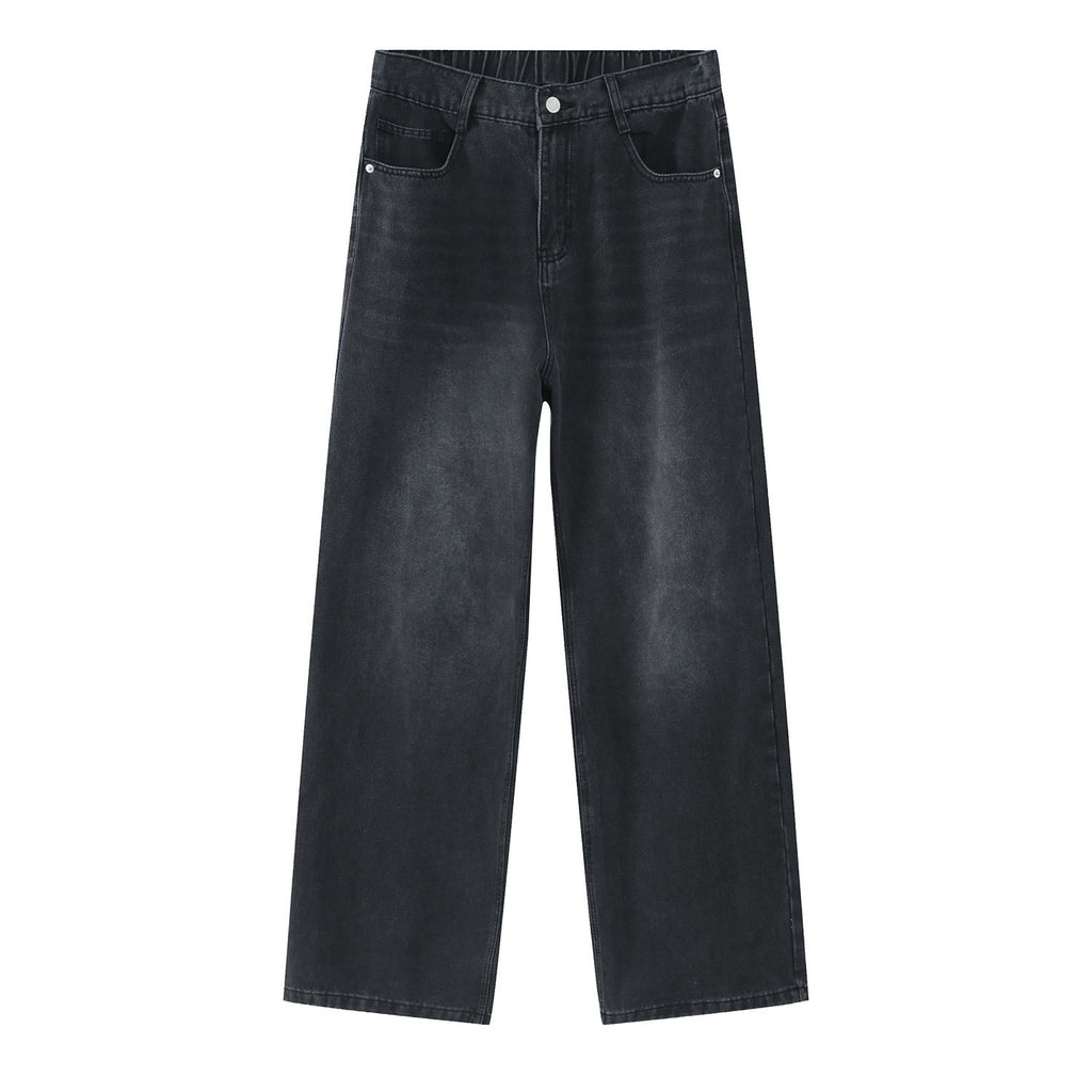 Korean Style Retro Half Elastic Waist Loose Straight Jeans Men's American Style