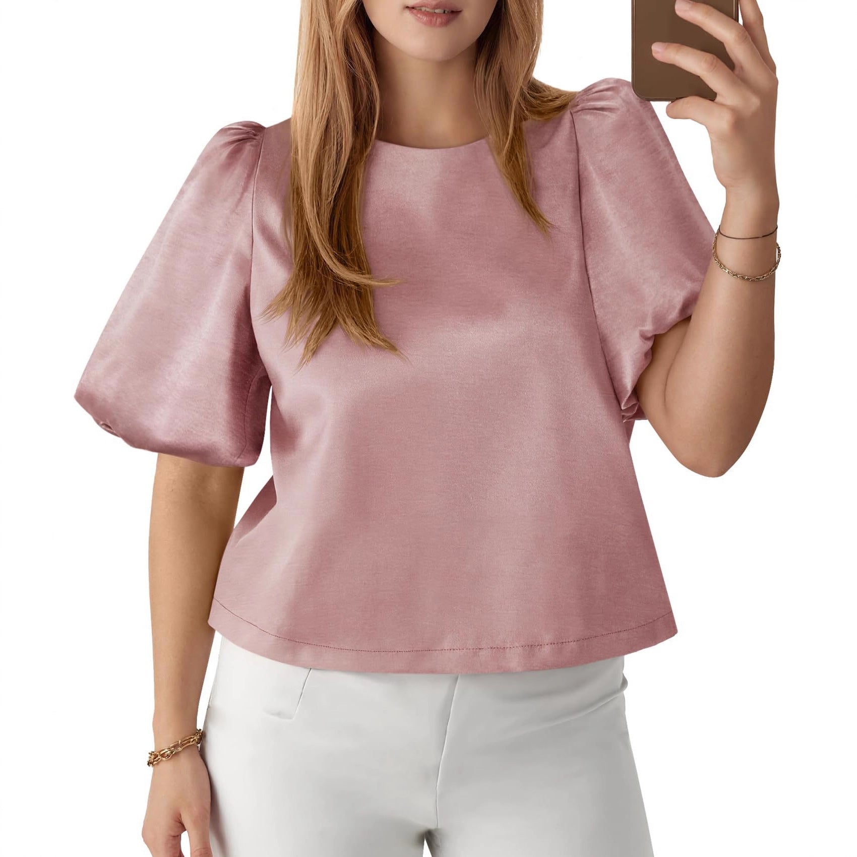 Womens Round-neck Satin Puffed-sleeve Pullover Doll Shirt Top