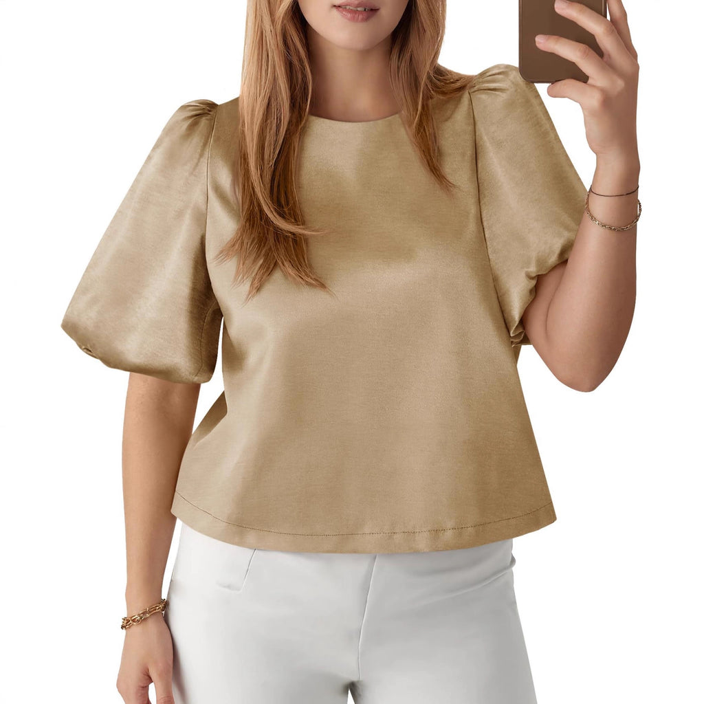 Womens Round-neck Satin Puffed-sleeve Pullover Doll Shirt Top
