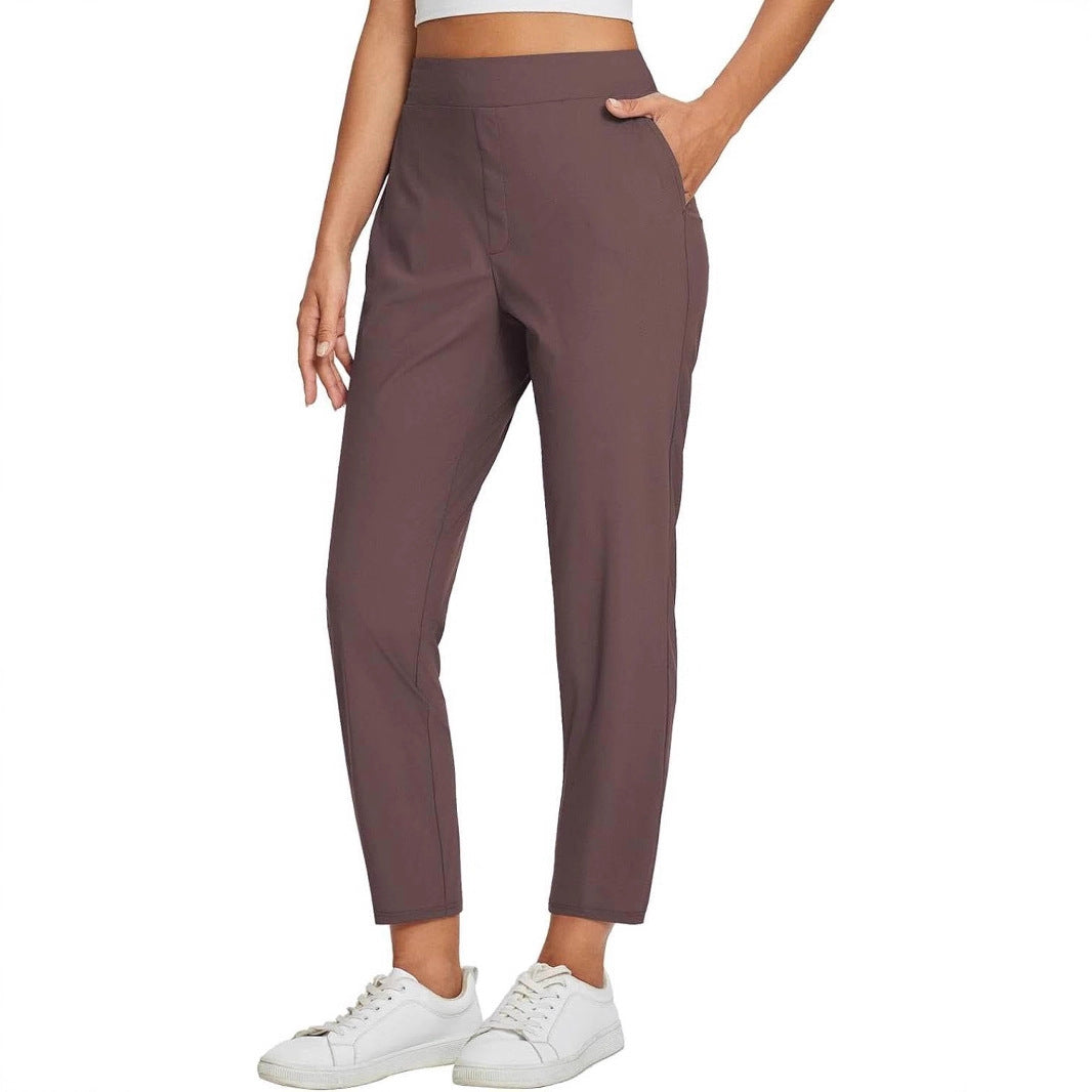 Womens High-Waist Casual Pants With Elastic Waistband Zippered Pockets