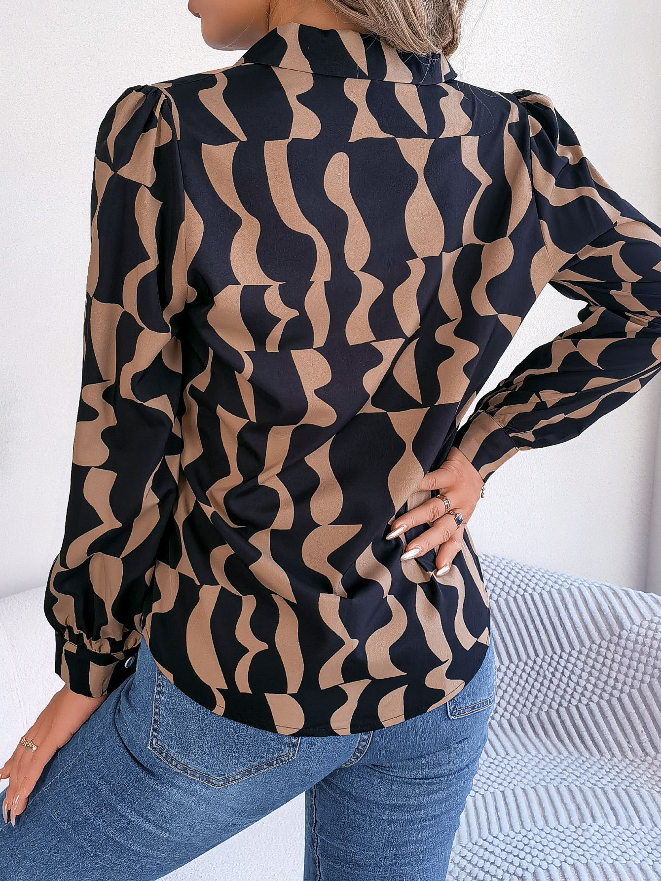 Women's Office Elegant Color Block Stripe Notched Lapel Long Sleeve Shirt
