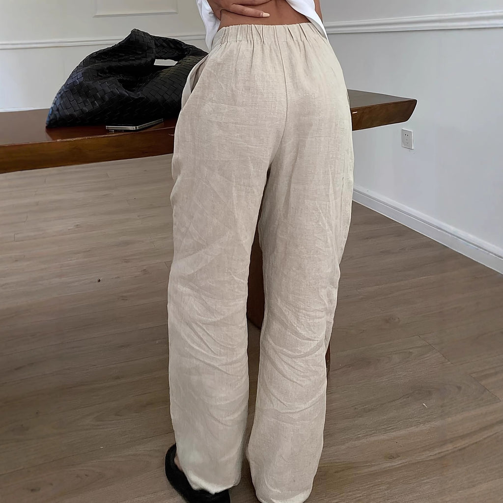 Womens Linen Wide-leg Pants With An Elastic Waist