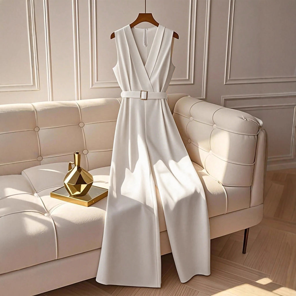 Womens Sophisticated White Sleeveless High-waisted Stylish Jumpsuit