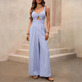 New Womens Striped V-Neck Jumpsuit With Straps