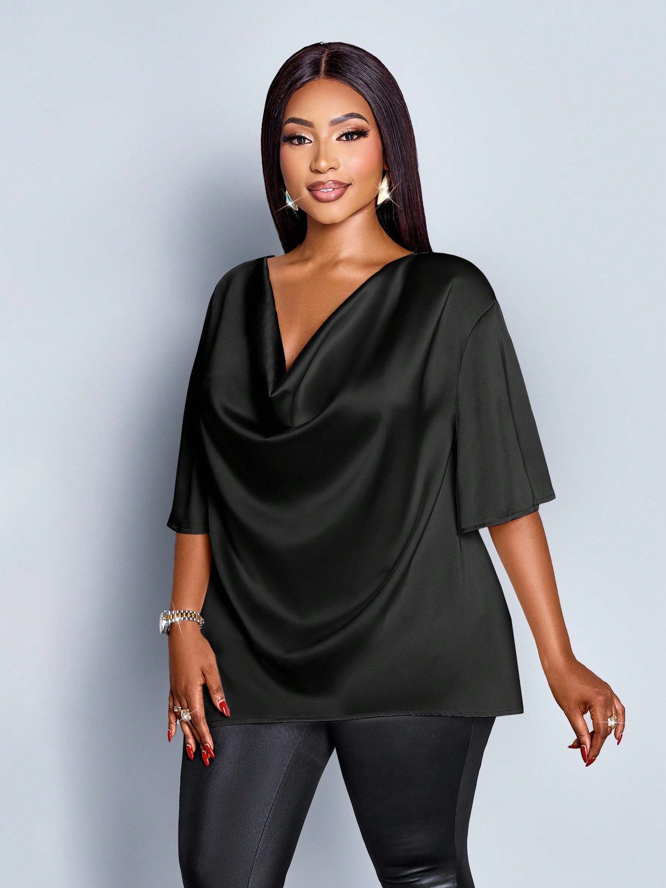 New Relaxed-fit Casual V-neck Mid-sleeve Long-sleeve Solid-color Chiffon Top
