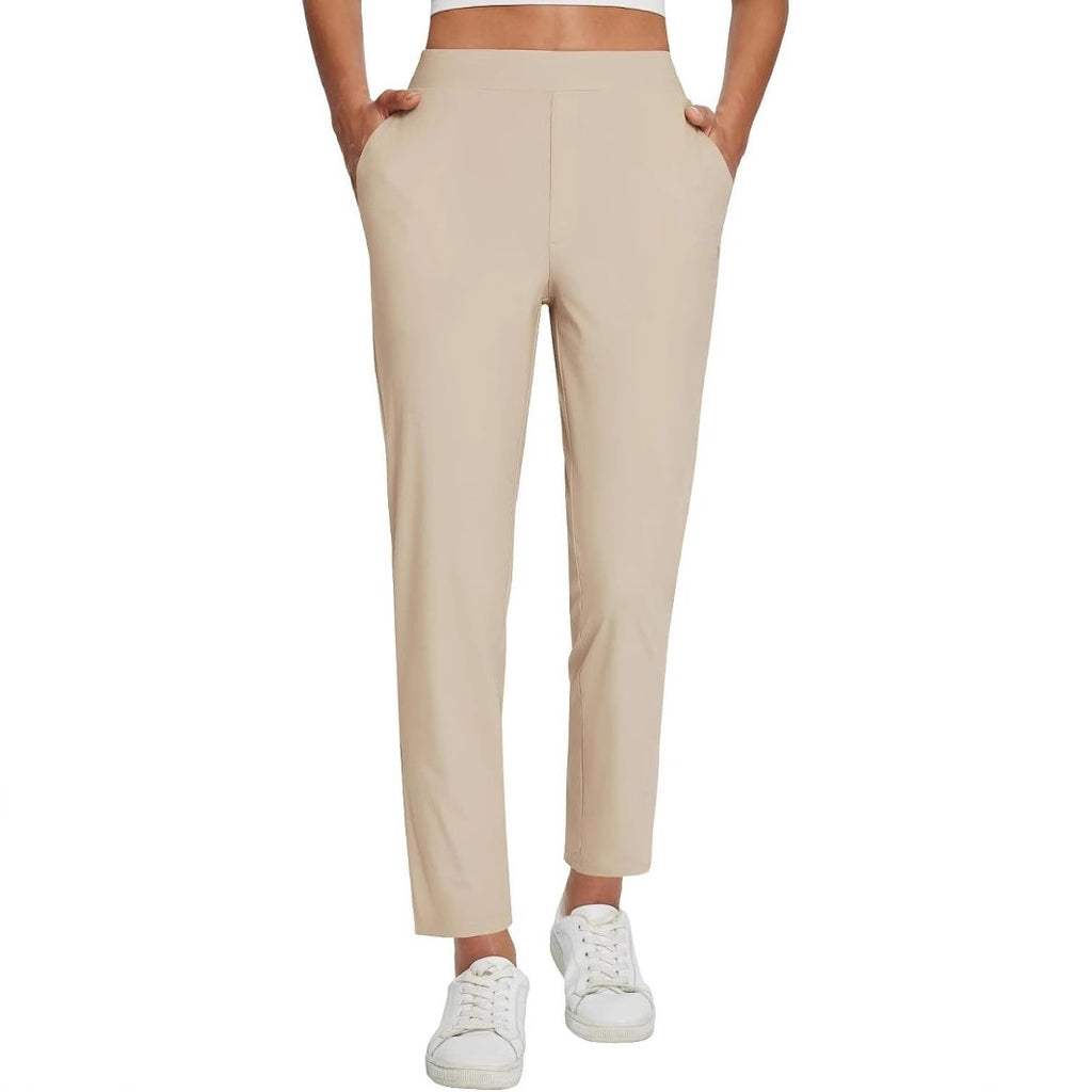 Womens High-Waist Casual Pants With Elastic Waistband Zippered Pockets