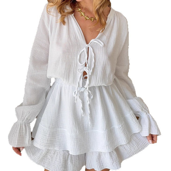 V-neck Lantern-sleeve Lace-up Stylish Jumpsuit