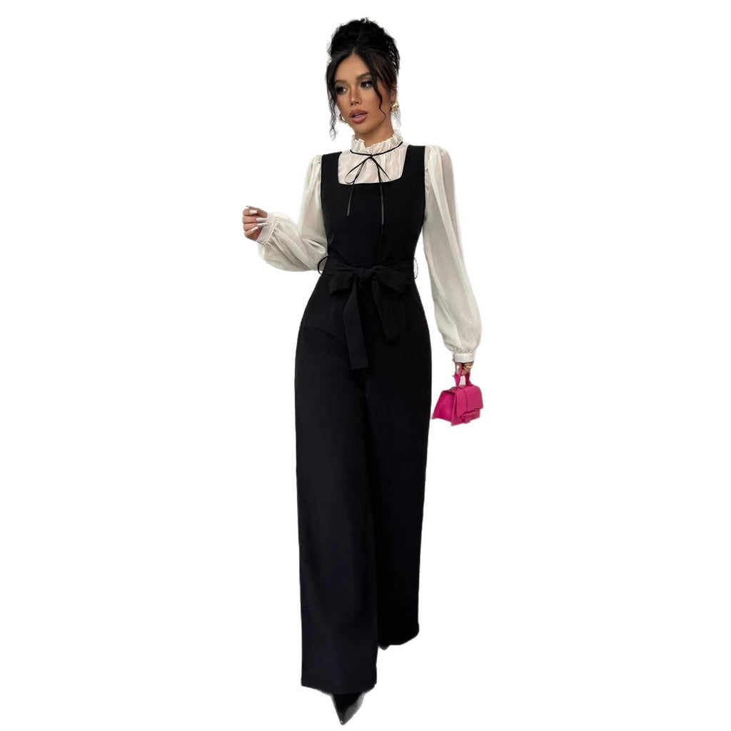 Womens Elegant Color Block Shirt Jumpsuit Set