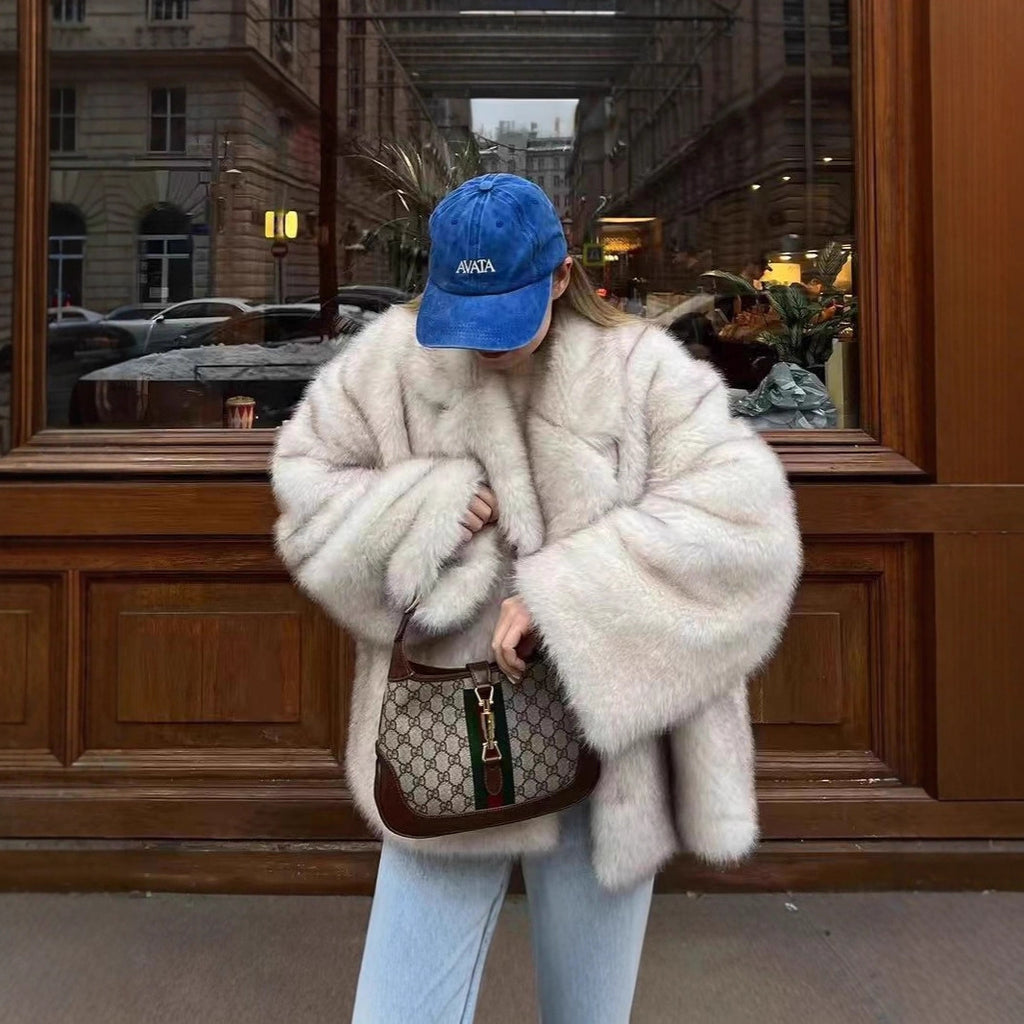Mid Length Womens Faux Fox Fur Coat With A Blazer Style Collar