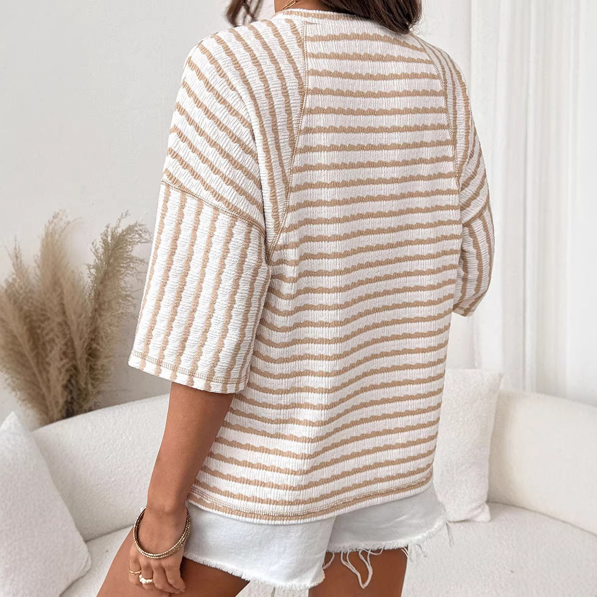 Womens Crew-Neck Pullover T-Shirt Simple, Versatile Striped Half-Sleeve Tee In European And American Style