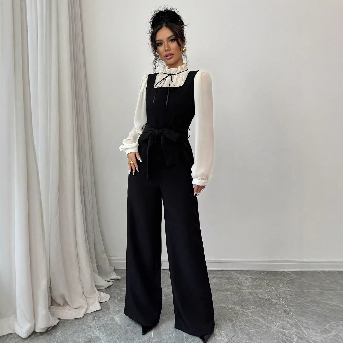 Womens Elegant Color Block Shirt Jumpsuit Set