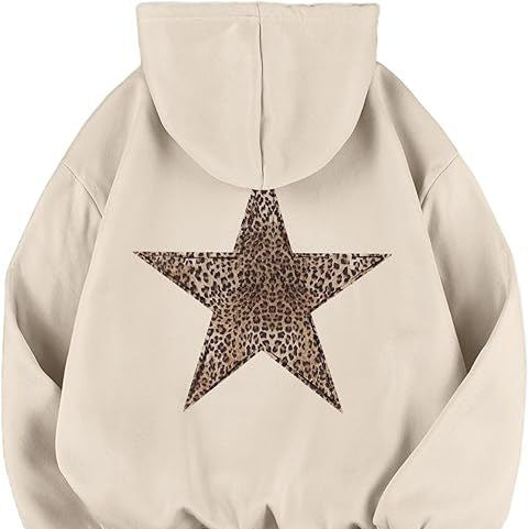 Womens Leopard-Print And Star-Print Hooded Casual Long-Sleeve Top