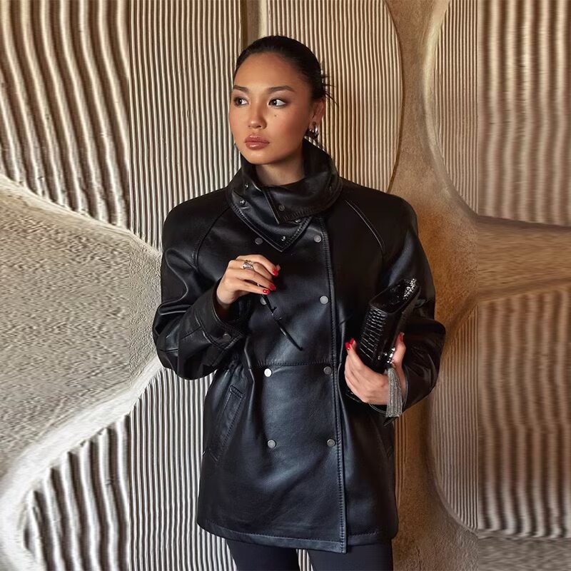 Women's Fashion Black Mid-length Leather Jacket