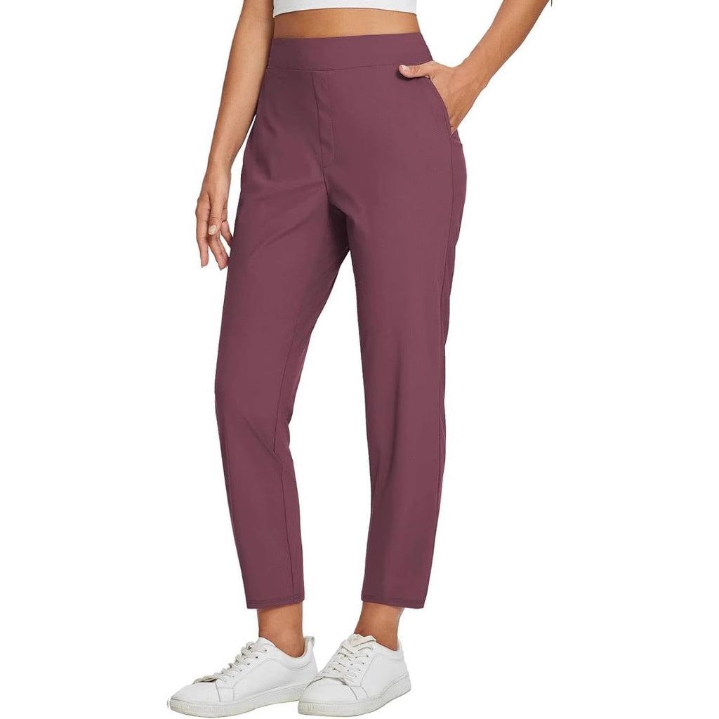 Womens High-Waist Casual Pants With Elastic Waistband Zippered Pockets