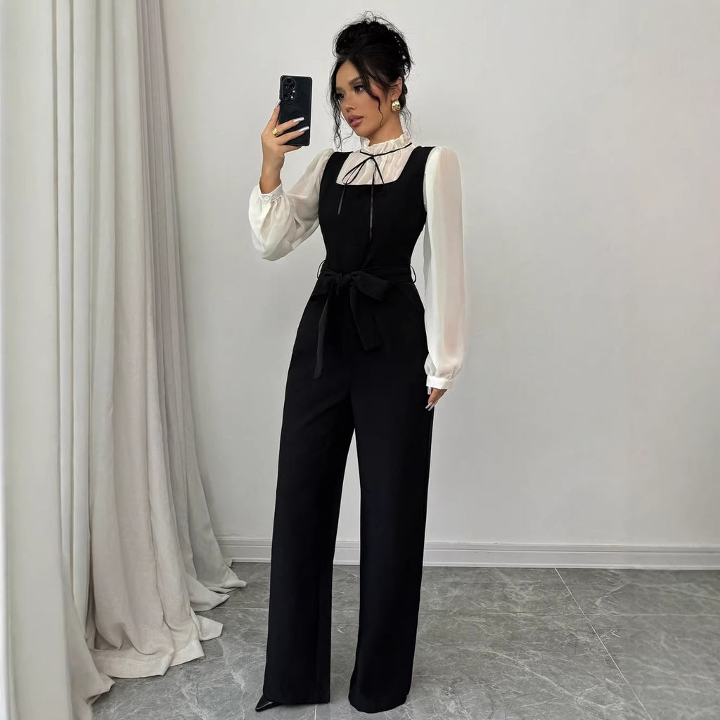 Womens Elegant Color Block Shirt Jumpsuit Set