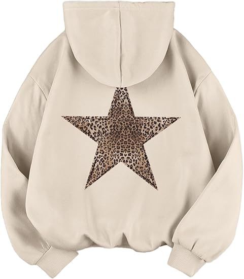 Womens Leopard-Print And Star-Print Hooded Casual Long-Sleeve Top