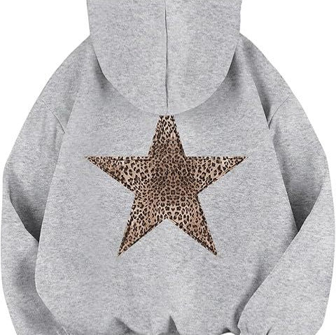 Womens Leopard-Print And Star-Print Hooded Casual Long-Sleeve Top