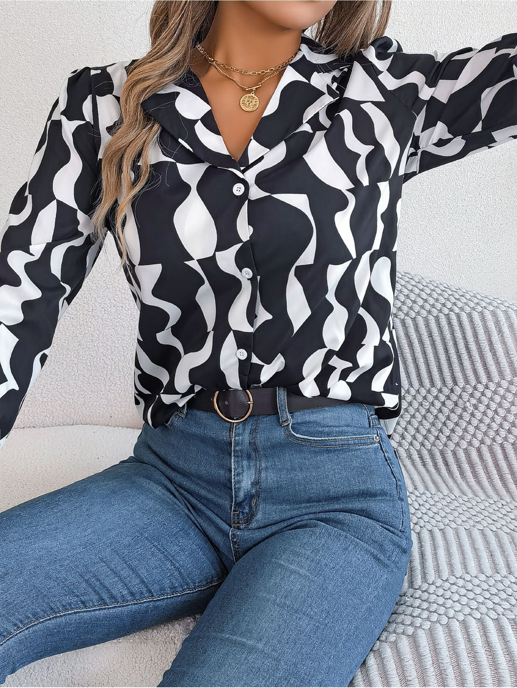 Women's Office Elegant Color Block Stripe Notched Lapel Long Sleeve Shirt