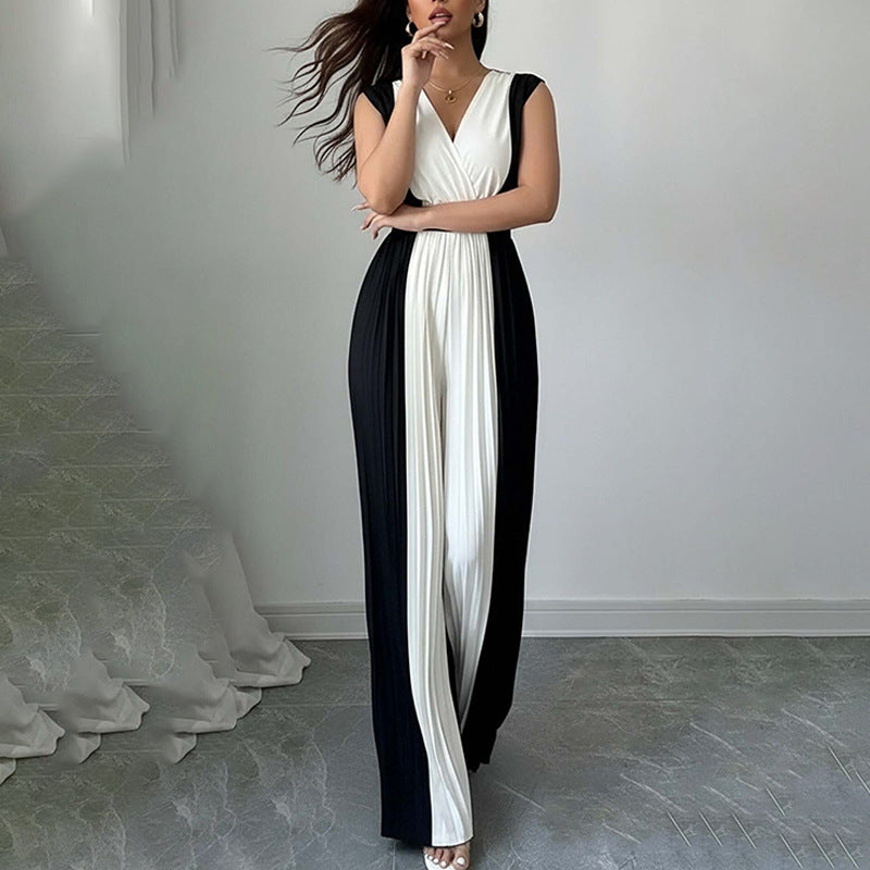 Womens Elegant Long-Sleeve V-Neck Printed Jumpsuit