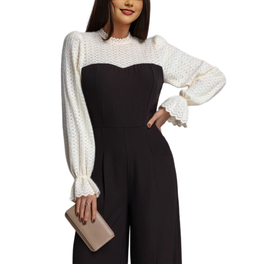 Black-and-white Patchwork Lace Long-sleeve Wide-leg Pants