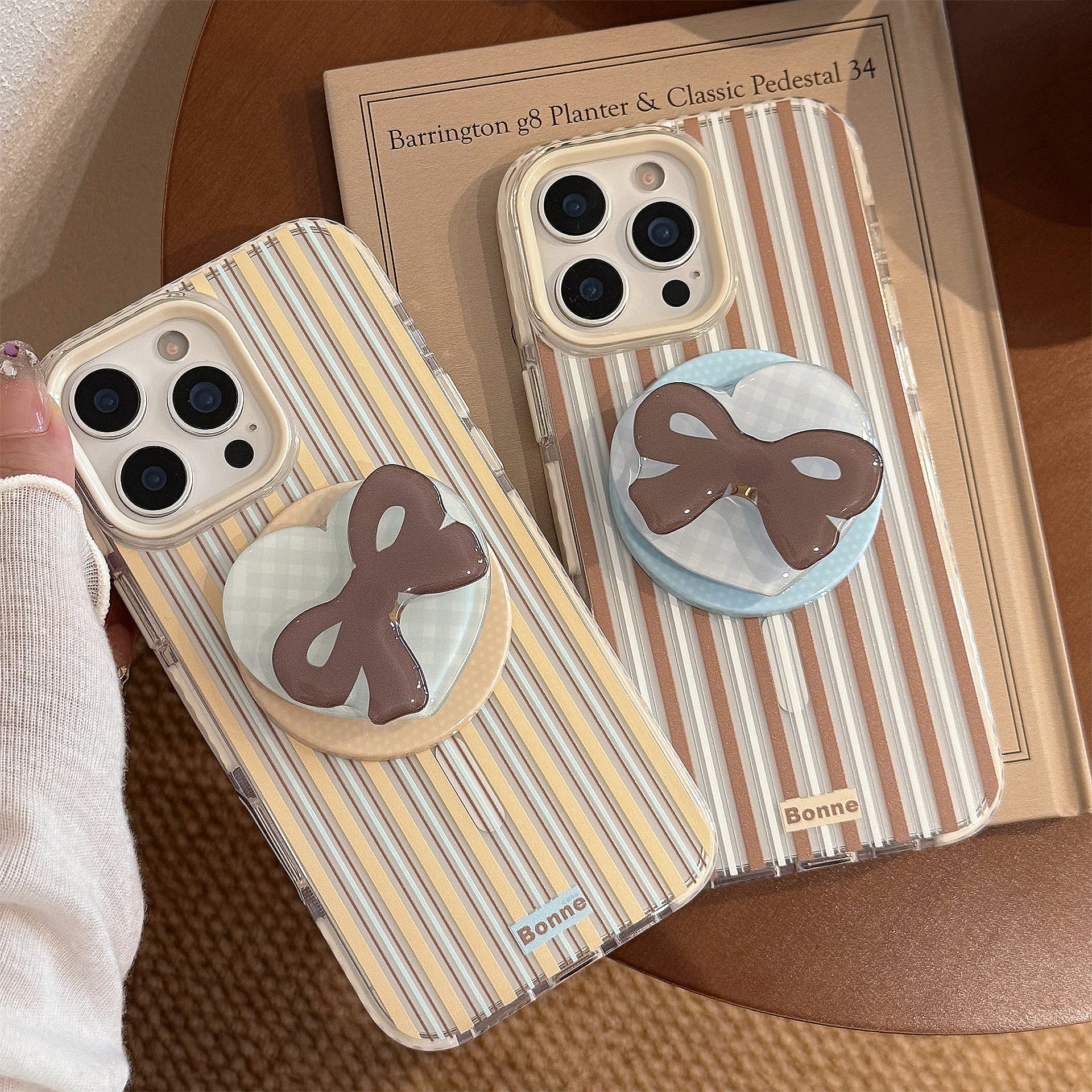 Striped Magnetic Transparent Phone Case With Rotating Bowknot Stand