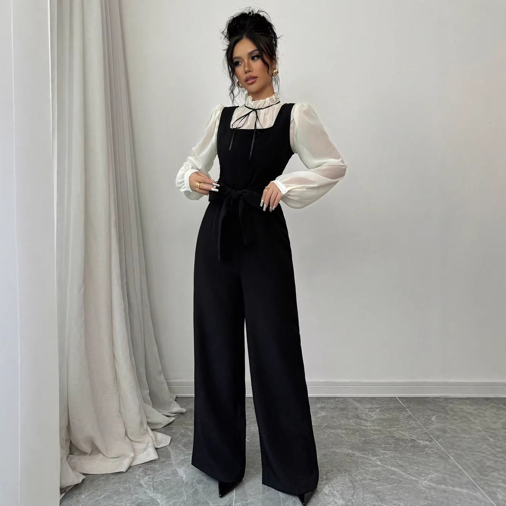 Womens Elegant Color Block Shirt Jumpsuit Set