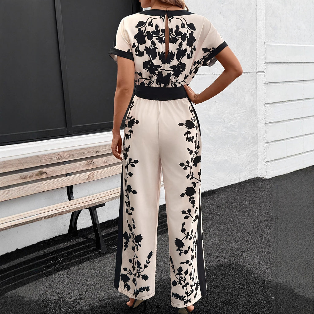 Womens Printed Colorblock Tie-Waist Short-Sleeve Jumpsuit